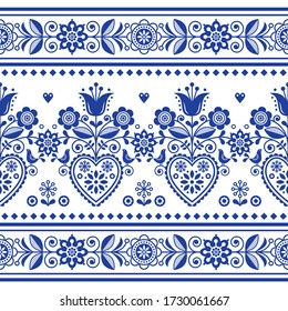 Scandinavian folk art seamless vector pattern with birds and flowers, Nordic repetitive decoration with flowers, Retro  white and navy blue floral background inspired by Swedish and Norwegian culture