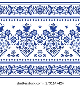 Scandinavian folk art seamless vector pattern with birds and flowers, Nordic repetitive decoration with flowers. Retro  white and navy blue floral background inspired by Swedish and Norwegian art