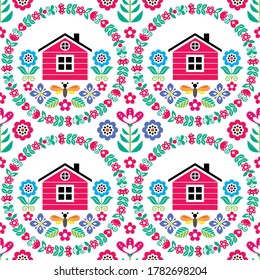 Scandinavian folk art seamless vector floral mandala pattern with Finnish or Norwegian house, retro colorful textile design. Spring repetitive Nordic ornament on white, vibrant wallpaper decoration

