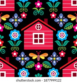 Scandinavian folk art seamless vector floral pattern with Finnish or Norwegian house, textile design with flowers on black. Spring repetitive Nordic ornament, vibrant decoration with flowers, village 