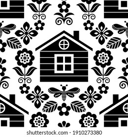 Skandinavische Volkskunst nahtlose Vektorblumenmuster mit finnischem oder norwegischem Haus, Textildesign mit Blumen in Schwarz-Weiß. Monochrom-Frühlingszahn-Nordisches Ornament