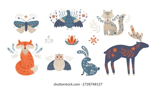 Conjunto de arte popular escandinavo con animales del bosque como ciervos, zorros, conejos, mariposas, pájaros con patrones florales. Elementos decorativos de los personajes del bosque nórdico para las vacaciones de invierno Ilustración vectorial