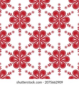 Scandinavian folk art Snowflakes Christmas stamp pattern seamless vector. Flowers ornament winter Nordic style background. Retro design for wallpaper, holiday wrapping paper, xmas fabric textile.