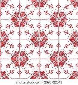 Scandinavian folk art Snowflakes Christmas stamp pattern seamless vector. Nordic style background. Red and white Garland design for wallpaper, holiday wrapping paper, xmas fabric textile.