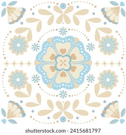 Scandinavian folk art style background. Symmetrical floral pattern card. Use for holidays, art templates, invitation, event, postcard,kitchen tile