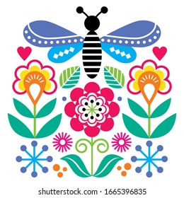 Scandinavian folk art style flowers and insect vector design, cute graden floral pattern with fly inspired by traditional embroidery from Sweden, Norway and Denmark. Retro srping colorful folk art 