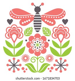 Scandinavian folk art style flowers and insect vector design, cute graden floral pattern with fly inspired by traditional embroidery from Sweden, Norway and Denmark. Retro spring colorful folk art 