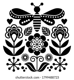 Scandinavian folk art style flowers and insect vector design, cute graden floral pattern with fly inspired by traditional embroidery from Sweden, Norway and Denmark in black and white
