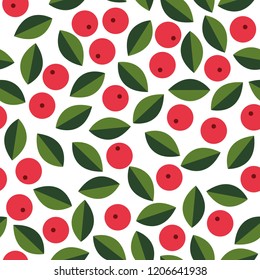Scandinavian folk art style seamless pattern. Nordic pattern with leaves and christmas berries.