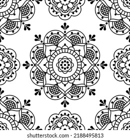 Scandinavian folk art style vector seamless pattern with flowers, decorative textile or fabric print design in black on white background. Traditional monochrome repetitive line art background