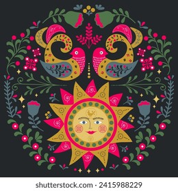 Scandinavian folk art with Sun, Birds and flowers, vector illustration. Symmetrical ornament with different folk composions on black background