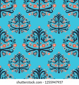 Scandinavian folk art tree with flowers and birds seamless pattern. Vector illustration background. Flat style isolated. Papercut collage red coral blue. Fabric, paper, kids decor, web banner, winter.