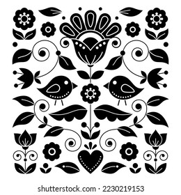 Scandinavian folk art vector black and white greeting card or invitaion design inspired by traditional embroidery patterns from Sweden, retro decoration with flowers, birds, swirls and leaves. 