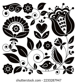 Scandinavian folk art vector black and white square floral design with bird inspired by traditional embroidery patterns from Sweden - perfect for greeting card or wedding invitation. Nordic background