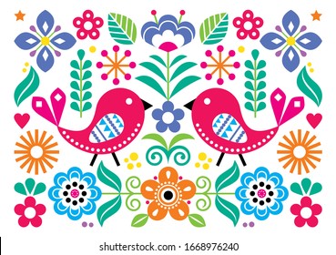 Scandinavian folk art vector ccute floral pattern, greeting card or invitation A7 format design with birds, flowers inspired by traditional embroidery from Sweden, Norway and Denmark.