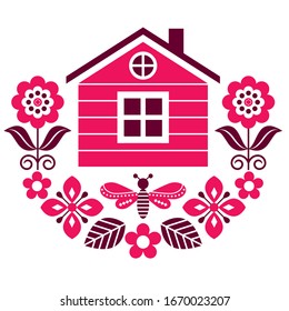 Scandinavian folk art vector cute floral pattern with Finnish or Norwegian house, greeting card with flowers in red and brown. Spring Nordic ornament on white, vibrant decoration with flowers, village