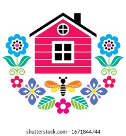 Scandinavian folk art vector cute floral pattern with Finnish or Norwegian house, greeting card with flowers in red, pink, green, and blue.

Spring Nordic ornament on white, vibrant decoration