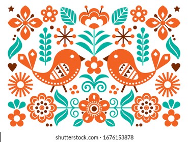 Scandinavian folk art vector cute floral pattern, greeting card or invitation A7 format design with birds, flowers inspired by traditional embroidery from Sweden, Norway and Denmark. Spring garden