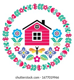 Scandinavian folk art vector cute floral pattern with Finnish or Norwegian house in round frame, greeting card with flowers. Spring Nordic ornament on white in circle, vibrant decoration 