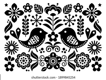Scandinavian folk art vector cute floral pattern, greeting card or invitation A7 format black and white design with birds, flowers inspired by traditional embroidery from Sweden, Norway and Denmark
