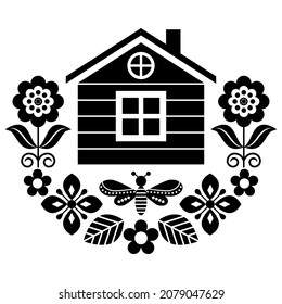 Scandinavian folk art vector cute floral pattern with Finnish or Norwegian house, greeting card with flowers in black and white. Spring Nordic ornament, monochrome decoration with flowers