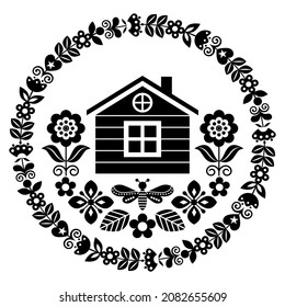 Scandinavian folk art vector cute floral pattern with Finnish or Norwegian house in round frame, greeting card with flowers in black and white. Spring Nordic ornament on white in circle, monochrome 