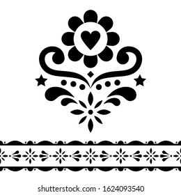 Scandinavian folk art vector design set - single patterns collection, cute floral ornament with flowers in black on white background. Retro cute monochrome floral graphic elements, Nordic white 