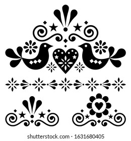 Scandinavian folk art vector design set - single patterns collection, cute floral ornament with flowers in black on white background. Retro monochrome cute floral graphic elements, Valentine's Day