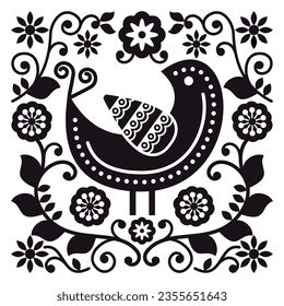 Scandinavian folk art vector design with bird and floral frame, black and white pattern for greeting card. Nordic style retro background isolated on white, decorative ornament with flowers and animal
