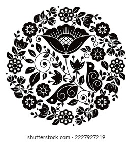 Scandinavian folk art vector floral mandala black and white design pattern in frame inspired by the traditional embroidery from Sweden, Norway and Denmark.
Cute monochrome nature round design 