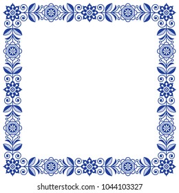 Scandinavian folk art vector frame, cute floral border, square pattern with navy blue flowers - invitation, greetings card.

Floral retro background flowers inspired by Swedish and Norwegian tradition