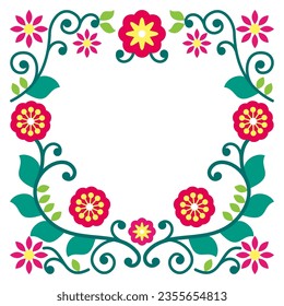 Scandinavian folk art vector frame or border design with flowers and leaves, red, pink and green pattern for greeting card or wedding invitation with empty space for text. Nordic retro template 