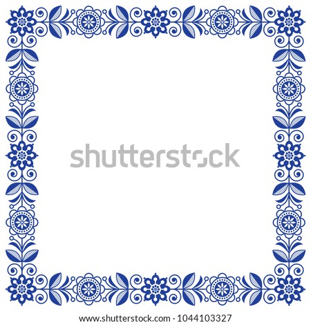 Scandinavian folk art vector frame, cute floral border, square pattern with navy blue flowers - invitation, greetings card.

Floral retro background flowers inspired by Swedish and Norwegian tradition