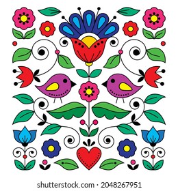 Scandinavian folk art vector greeting card or invitaion design inspired by traditional embroidery patterns from Sweden, retro decoration with flowers, birds, swirls and leaves.Nordic floral square art