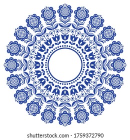 Scandinavian folk art vector mandala with flowers, floral repetitve ornament, Nordic design with flowers. 
Retro navy blue textile background inspired by Swedish and Norwegian traditional embroidery 
