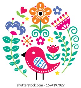 Scandinavian folk art vector pattern with flowers and bird in circle, floral greeting card or invitation inspired by traditional embroidery from Sweden, Norway and Denmark. Forest round Nordic art