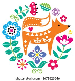 Scandinavian folk art vector round pattern with flowers and fox, floral greeting card or invitation inspired by traditional embroidery from Sweden, Norway and Denmark. Forest Nordic ornament 