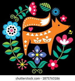 Scandinavian folk art vector round pattern with flowers and fox, floral greeting card or invitation inspired by traditional embroidery from Sweden, Norway and Denmark on black backround.
