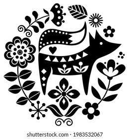 Scandinavian folk art vector round pattern with flowers and fox, black and white floral greeting card or invitation inspired by traditional embroidery from Sweden, Norway and Denmark.