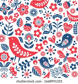 Scandinavian folk art vector seamless pattern with birds, flowers, spirng happy textile design inspired by traditional embroidery from Sweden, Norway and Denmark. Retro kiddy nature red and navy blue 