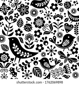 Scandinavian folk art vector seamless pattern with birds, flowers, spring happy textile design inspired by traditional embroidery from Sweden, Norway and Denmark. Retro kiddy nature black and white 