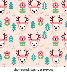 Scandinavian folk art vector seamless pattern with floral design nspired by traditional embroidery patterns from Sweden - textile of fabric print ornament
