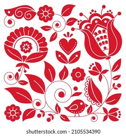 Scandinavian folk art vector square red floral design with bird inspired by traditional embroidery patterns from Sweden - greeting card or wedding invitation. Nordic background with flowers 