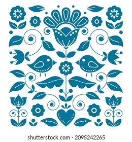 Scandinavian folk art vector turquoise greeting card or invitaion design inspired by traditional embroidery patterns from Sweden, retro decoration with flowers, birds, swirls and leaves. 
