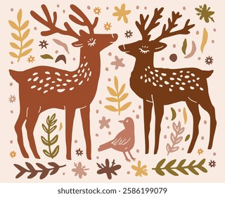 Scandinavian Folk Deer Botanical Illustration Boho Cute Flat Drawing Vector Elements