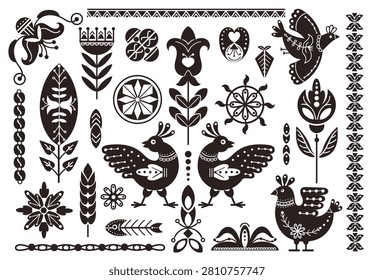 Scandinavian folk design elements. Birds, flowers, leaves and ethnic geometric ornaments, nordic decorative patterns, textile prints, packaging, and seasonal design. Splendid vector flat isolated set