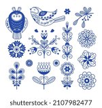 Scandinavian folk design. Nordic blue ornament elements, swedish folklore art. Rustic finnish decor, floral danish style embroidery nowaday vector template