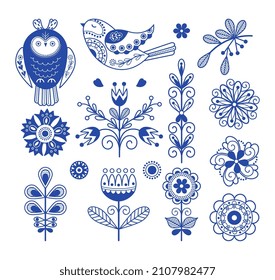 Scandinavian Folk Design. Nordic Blue Ornament Elements, Swedish Folklore Art. Rustic Finnish Decor, Floral Danish Style Embroidery Nowaday Vector Template