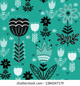 Scandinavian folk ethno surface seamless pattern. Flowers naive childish style. Black elements on a white background. Scandinavian clipart collection 