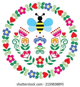 Diseño vectorial circular de floración folclórica escandinava, patrón natural con abejas y flores inspiradas en bordados de arte folclórico tradicional de Suecia, Noruega y Dinamarca
